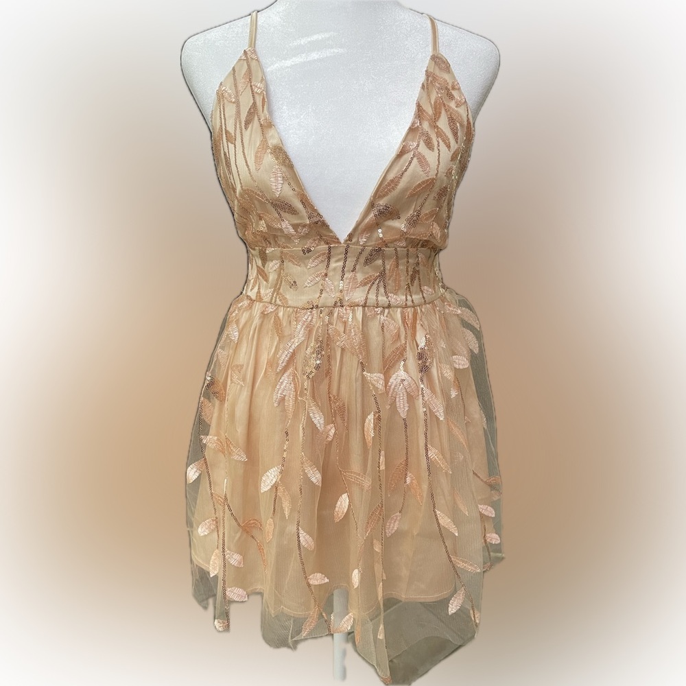Rose Gold Mini Dress with Plunge Halter Neckline for Night Out
